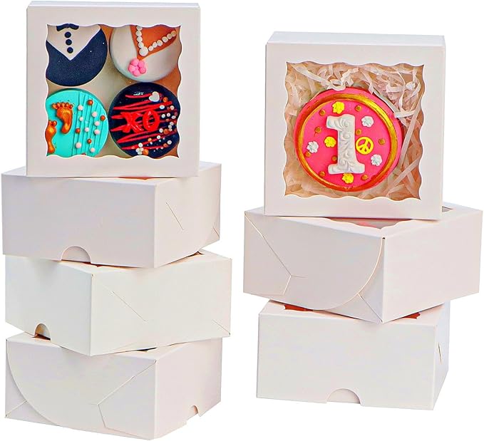 JCXGRVC 100Pack 4x4x2 Inch White Simple Elegant Bakery Boxes with Window Treat Boxes Truffle Boxes for Party Wedding Favor Mother's Valentine's Birthday Day