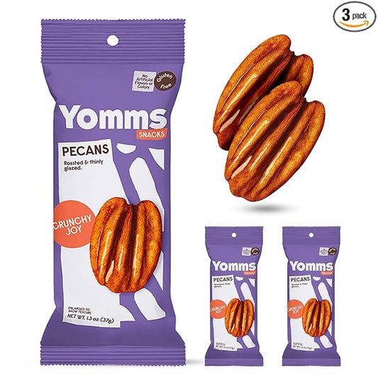 Yomms Crunchy Joy Glazed Whole Pecan Halves, 3.9 oz (3 Pack), Gluten-Free & Non-GMO Healthy Dessert Snacks – Low Sugar Classic Candied Nut Pouches – Gourmet Roasted Snacking Pecans – 1.3oz Individual Bags