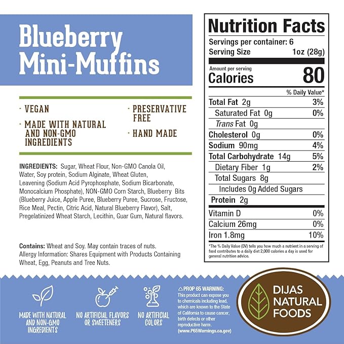 DIJAS Natural Foods Plant-Based 36-Vegan Mini Muffins ONLY $0.97-oz! Natural and Preservative Free Ingredients, Delicious Snack and Breakfast (36 Muffins) (Blueberry)