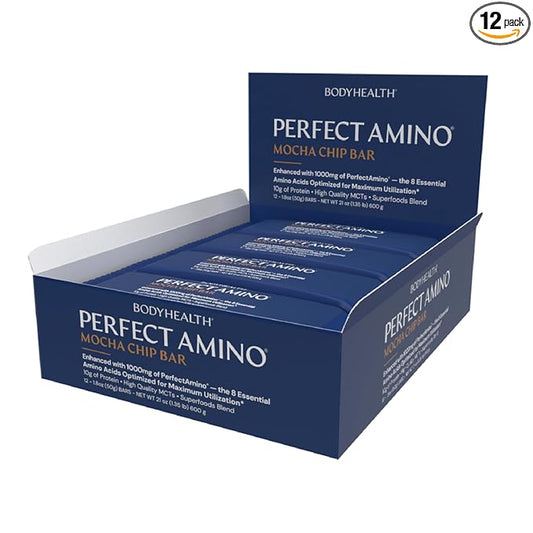 BodyHealth PerfectAmino Bar – Protein Energy Snack with 10g Protein, Plant-Based MCTs, Superfood Blend, Non-GMO, Gluten, Dairy & Soy Free (Mocha, 12 Pack)