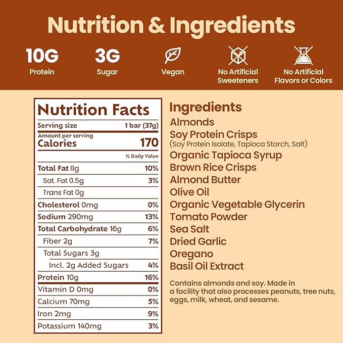 Afar Savory Protein Bars – Low Sugar, High Protein – Healthy Snacks for Adults – Meal Replacement Bar – Rice Crispy Texture – Vegan, Gluten Free (8 Bars, Italian Bruschetta)