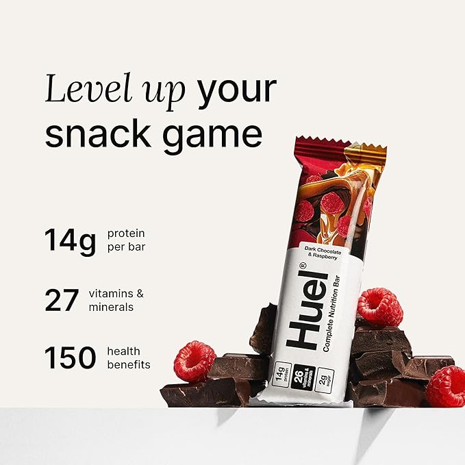 Huel Complete Nutrition Vegan Protein Bars | Dark Chocolate Raspberry | 13g Protein | 27 Vitamins & Minerals, 2g Sugar, Non-GMO, 100% Plant Based Snack | 12 Pack
