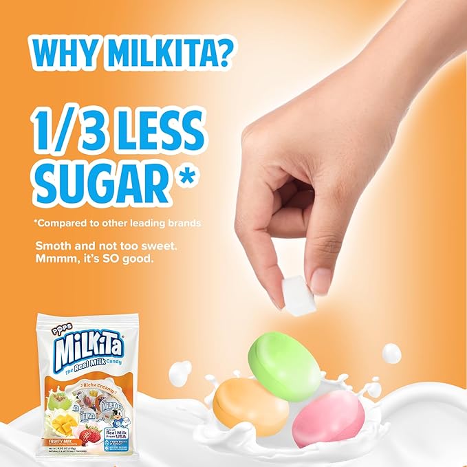 Milkita The Real Milk Candy Lollipop Bag – Low-Sugar, Healthy Sweets with Real Milk for Kids & Adults – Fat Free & Gluten Free Candy with Calcium (Strawberry, Honeydew, Mango - 10 Pcs)