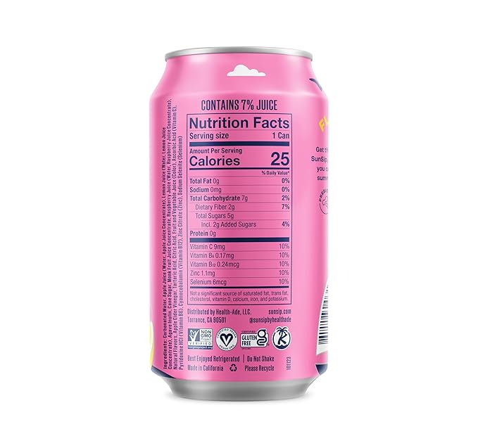 SunSip Prebiotic Soda With Benefits - Gut-Healthy Beverage with Vitamins and Minerals, 25 Calories, Soda Alternative, Naturally Sweetened with 5g of Sugar, 11.5 oz (12 Pack) Raspberry Lemonade