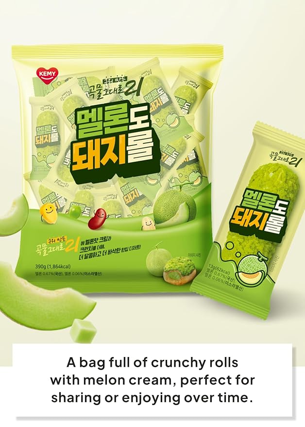 Korean Food CJ Freshway Melon Crunch Roll Snack 10.6 oz (30 Individually Wrapped Pieces) – Crispy Korean Grain Roll with Sweet Melon Cream Filling