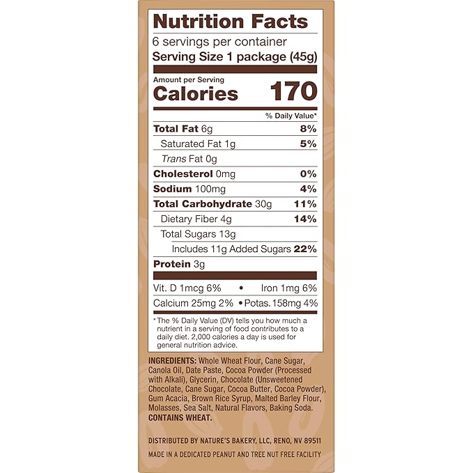 Nature’s Bakery Double Chocolate Brownie Bars, Whole Grains, Dates, and Cocoa, Plant Based, Dairy-Free, Snack Bar, 6 Count (Pack of 6)