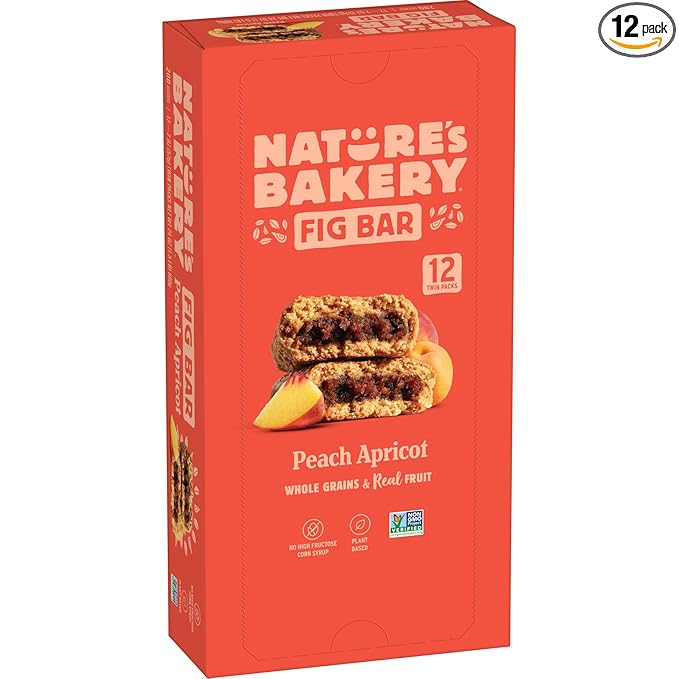 Nature’s Bakery Whole Wheat Fig Bars, Peach Apricot, Real Fruit, Vegan, Non-GMO, Snack bar, 1 box with 12 twin packs (12 twin packs)