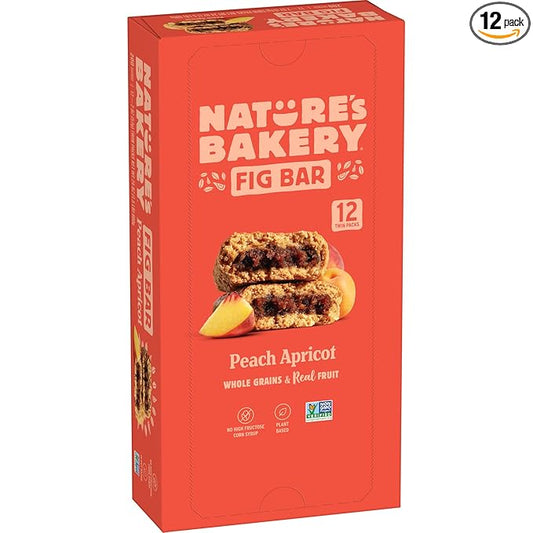 Nature’s Bakery Whole Wheat Fig Bars, Peach Apricot, Real Fruit, Vegan, Non-GMO, Snack bar, 1 box with 12 twin packs (12 twin packs)