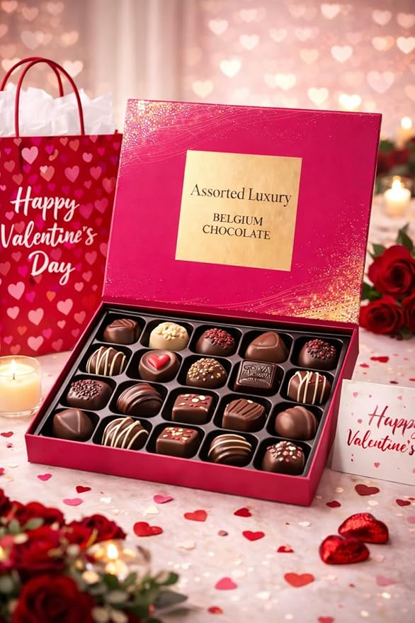 Valentine’s Day Chocolate Gift Box – Assorted Luxury Belgian Chocolates – Ready-to-Gift with Valentine Bag & Card – Premium Valentine Gift for Him or Her