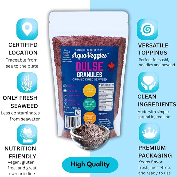 Aqua Veggies Organic Atlantic Dulse Flake Granules Sea Vegetable, Wild-Harvested, Sun-Dried Superfood Seaweed Snacks| Rich in Iodine, B12, Iron, Calcium, Fibre & Plant-Based Protein (1 lb)