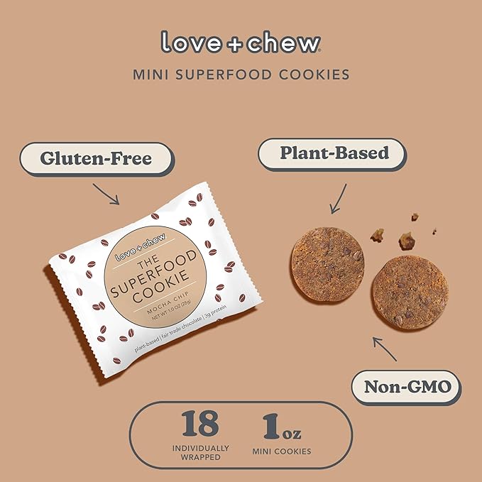 Love + Chew Mini Vegan Cookies, Gluten Free, 3g Plant Based Protein Per Cookie with Dark Chocolate and Coffee, Healthy Snacks for Adults, Individually Wrapped Cookies, Mocha Chip, 18 Pack
