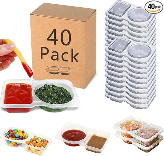 40 Sets Reusable Snack Containers, 2-Compartment Dipping Containers with Lid for Refrigeration, Portion Control, Outdoor Takeaway Sauce Dip Case