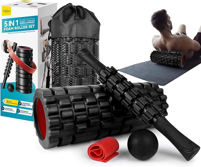 Krightlink 5 in1 Foam Roller Set for Deep Tissue Muscle Massage, High Density Fitness Exercise Foam Roller, Massage Roller, Massage Ball, Resistance Band, for Whole Body (Black)