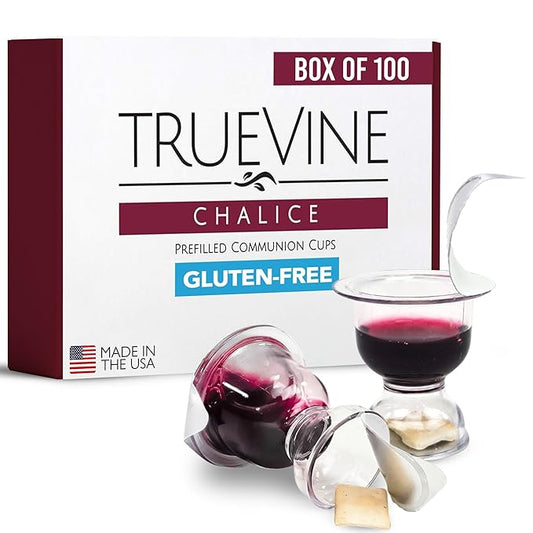 TrueVine Chalice Communion Cups and Wafer Set - Prefilled Cups with Gluten Free Unleavened Bread & Grape Juice - Carefully Packaged & Easy to Open, Ideal First Communion (100 Count)