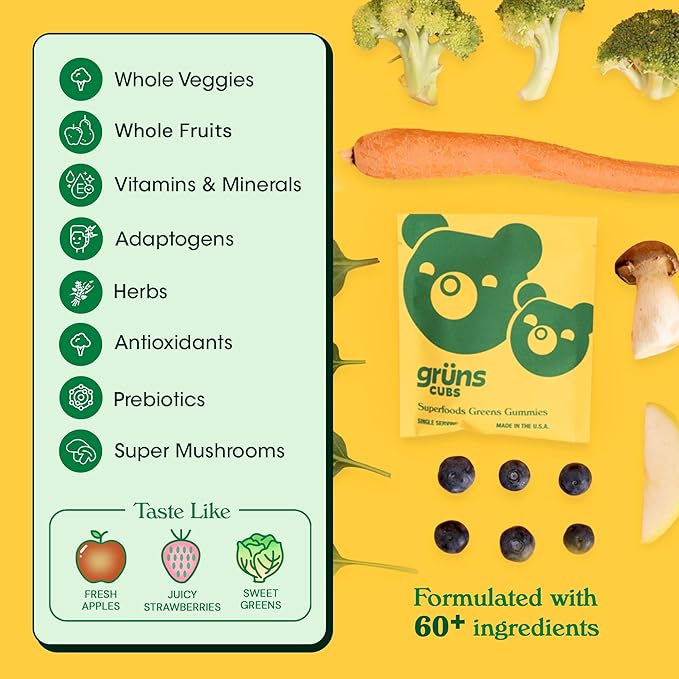 Gruns Multivitamin for Kids, Super Greens Gummies, Superfood Gummy Bears with 20+ Vitamins & Minerals, Spirulina, Chlorella, Alfalfa, Prebiotics Fiber for Digestive Health, Adaptogens Supplement, 28ct