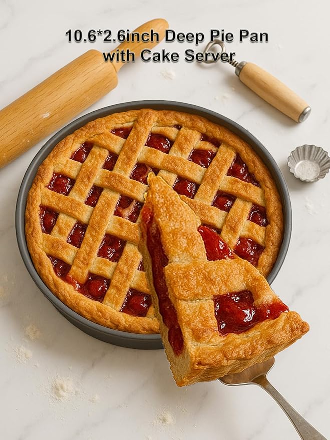 Yamteck 10×2.6 Inch Deep Pie Pan with Cake Server for Pie Tart Quiche Baking. Round Cake Pan with Non-Stick Coating, Rugged Carbon Steel. Gift for Women Wife Christmas Thanksgiving Party Festival