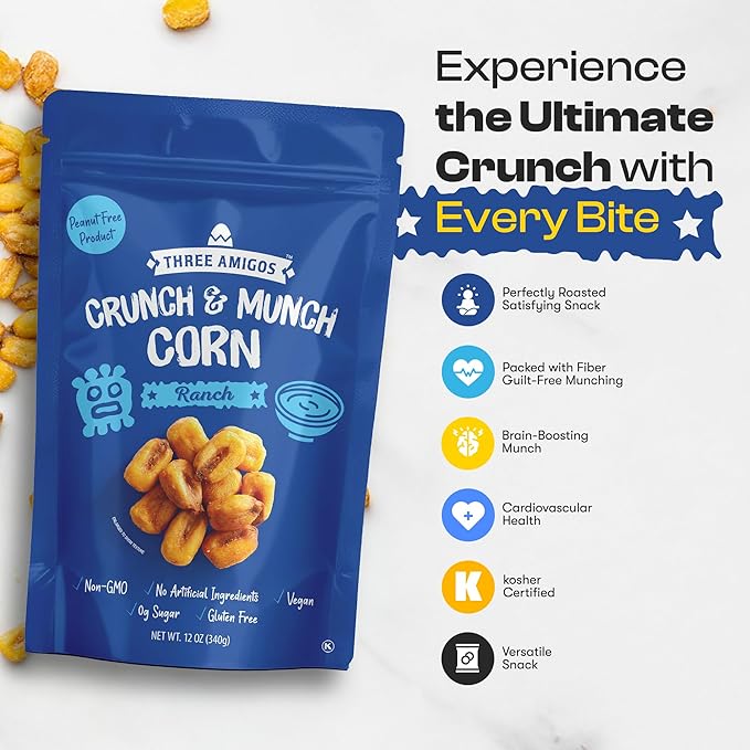 Three Amigos Corn Nuts Suger Free, 100% Vagan, Peanut Free Non-GMO (All Natural Ingredients) Guilt-Free snacking Toasted Corn Kernels in Reseable Bag - Crunchy & Munch Snack (12 OZ) (12 oz, Ranch)