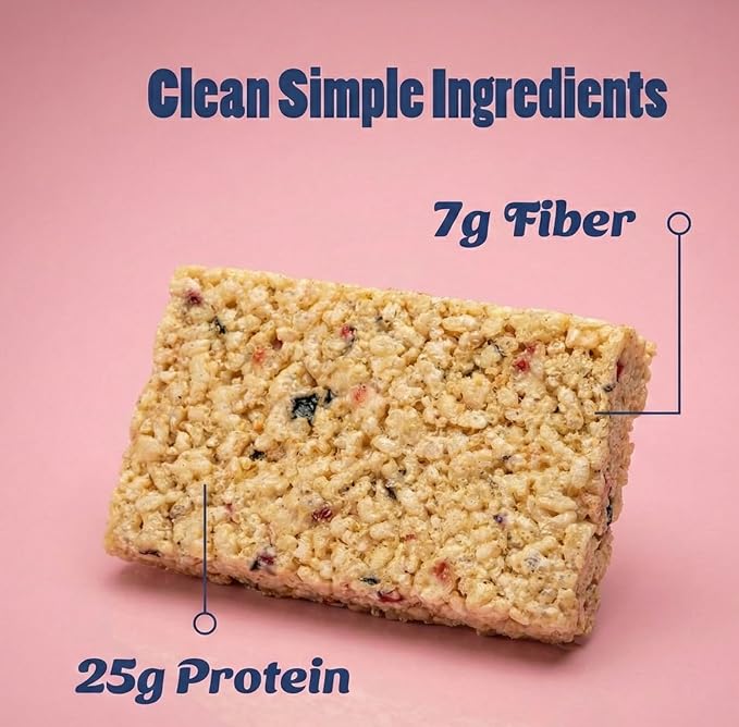 Crispy Rice Protein Treat Bar | 25 g Protein, No Added Sugar, 7 g Fiber, Gluten Free | High Protein Snack for On-the-Go, Post-Workout or Dessert Cravings | 8 Count (Island Berry)