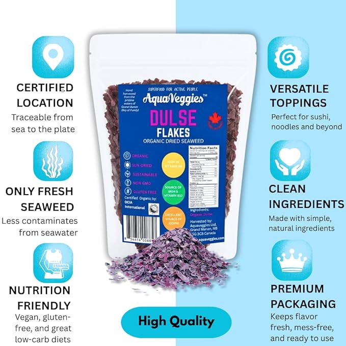 Aqua Veggies Organic Atlantic Dulse Flakes Sea Vegetable, Wild-Harvested, Sun-Dried Superfood Seaweed Snacks| Rich in Iodine, B12, Iron, Calcium, Fibre & Plant-Based Protein (1 Pound (Pack of 1))