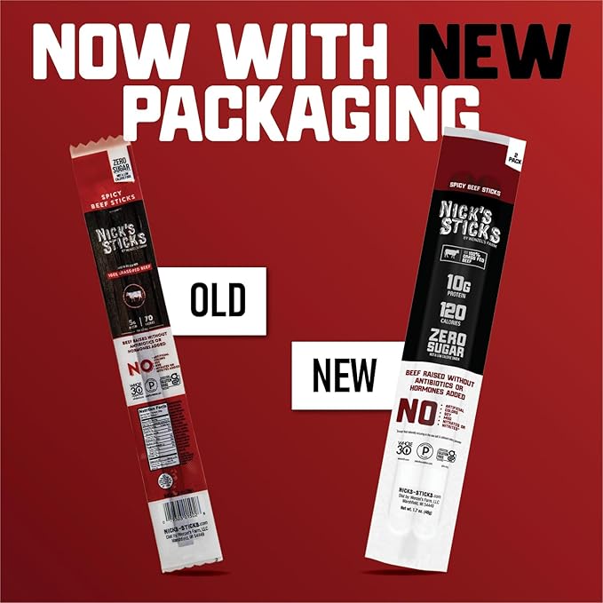 Nick's Sticks Clean & Balanced 100% Grass-Fed Spicy Beef Snack Sticks | Made in the USA | Gluten Free | Paleo, Keto, Whole30 Approved | No Soy, Antibiotics or Hormones (12 – 1.7oz. Packages of 2 Sticks)