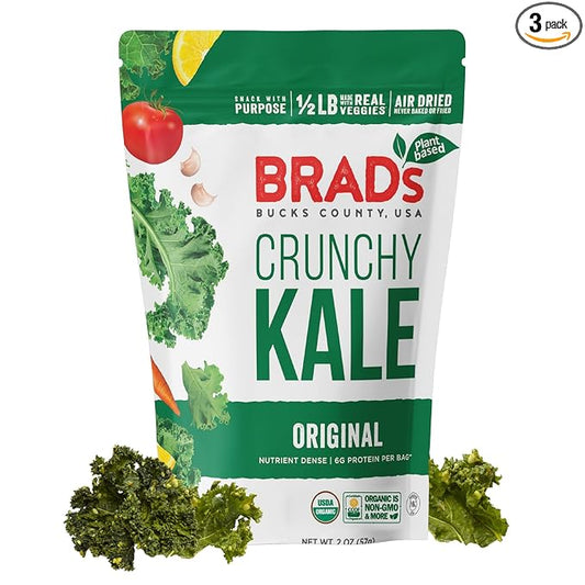 Brad’s Plant-Based - Organic Crunchy Kale Chips - Healthy Snack with Sea Salt - High in Plant-Based Protein & Fiber - Low Carb, Organic Veggie Chips - Original - 2 Oz (Pack of 3)