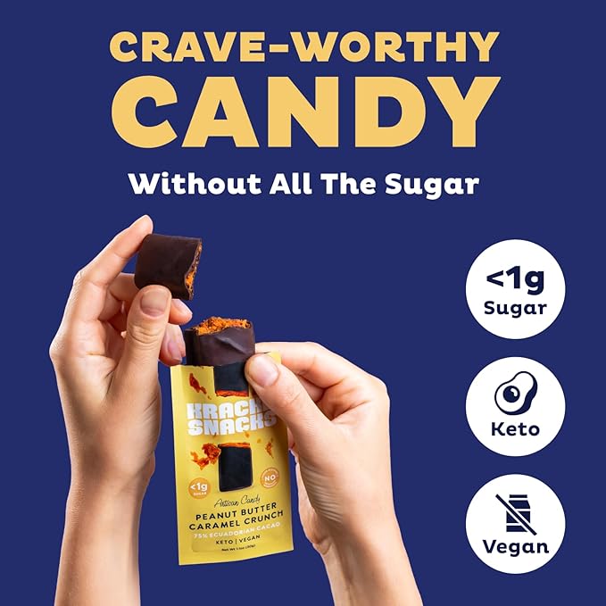 Krack’d Snacks Keto Chocolate Snack Bars 5 Pk | Handmade Low Carb, Sugar Free Dark Chocolates with Peanut Butter, Caramel Crunch, Allulose | Vegan, Non-GMO, Gluten Free Chocolate Candy Bar