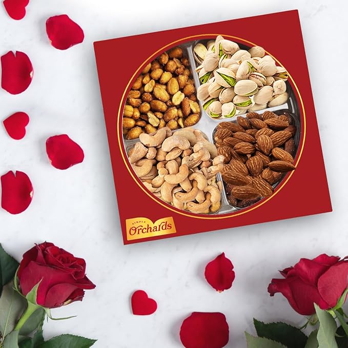 Valentines Day Nuts gift Basket of Cravings Gourmet Nuts Collection, Premium Mixed Nut Gift Box, 4 Sectional Valentines Gift Basket.