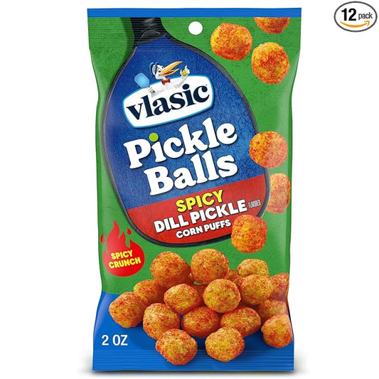 Vlasic Pickle Balls, Spicy Dill Pickle Flavored Corn Puffs, 2 oz. (Pack of 12)