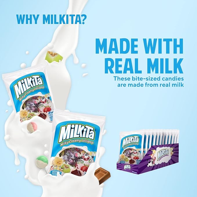 Milkita The Real Milk Candy Lollipop Bag – Low-Sugar, Healthy Sweets with Real Milk for Kids & Adults – Fat Free & Gluten Free Candy with Calcium (Strawberry, Chocolate, Honeydew, Banana - 15 Pcs)