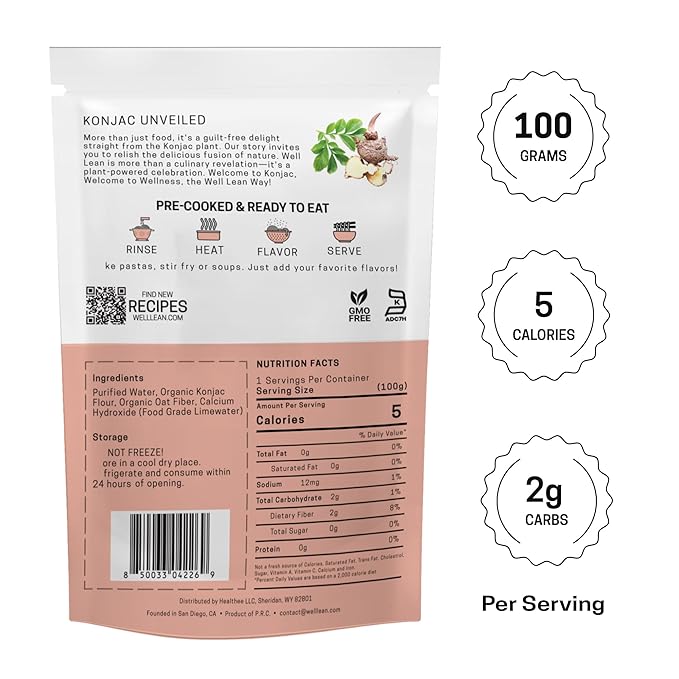 Well Lean Konjac Shirataki Noodles, 10-Pack, Gluten-Free, Keto-Friendly, Low Carb, Low Calorie, 100% Plant-Based, 5 Cal, 2g Carbs