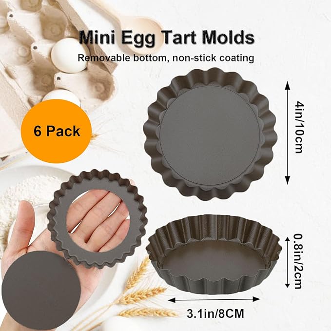 Yamteck 4 Inch Mini Quiche Pans Black 6 Pack. Egg Tart Molds w/Removable Bottom, Non-Stick Coating, Rugged Carbon Steel for Small Tart Quiche Pie Making. Gift for Women Christmas Thanksgiving Festival