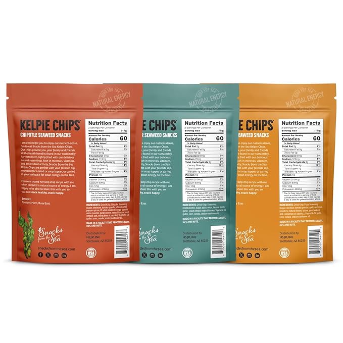 Seaweed Chips assorted Salt and Pepper, Zesty Pizza, Chipotle, Natural Kelp Kelpie Healthy Snack super food rich nutrition(1oz, 3bags)