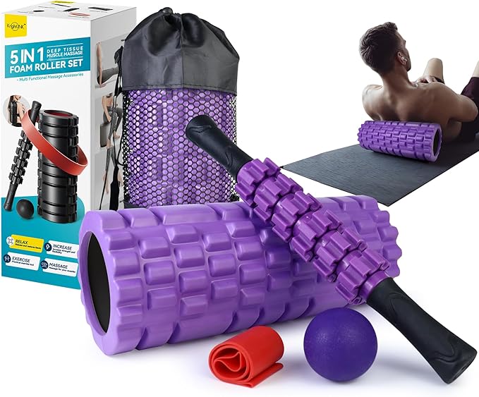 Krightlink 5 in1 Foam Roller Set, High Density Deep Tissue Massager for Muscle Massage, Massage Roller, Massage Ball, Resistance Band for Whole Body Physical Therapy Deep Muscle Massage (Purple)