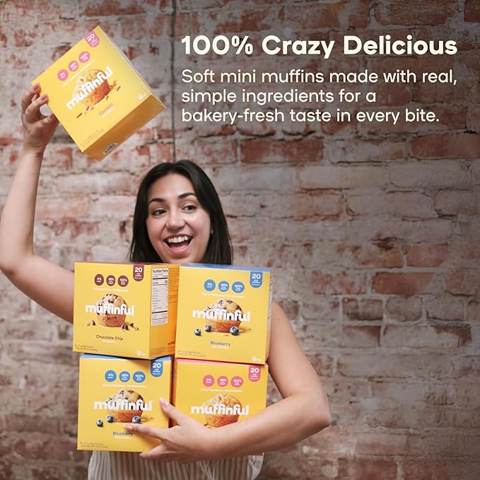 Muffinful Triple Chocolate Chip Mini Muffins – Bakery Fresh Bite-Sized Treats – 60 Muffins Total (15 Packs of 4) – Less Sugar, Nothing Artificial, Individually Wrapped