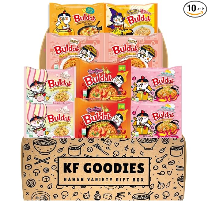 KF GOODIES Korean Ramen Variety Pack Gift Box (10 Count) – Spicy Buldak Noodle Assortment for Birthdays, College Care Packages, Office Snacks, and Gift Baskets
