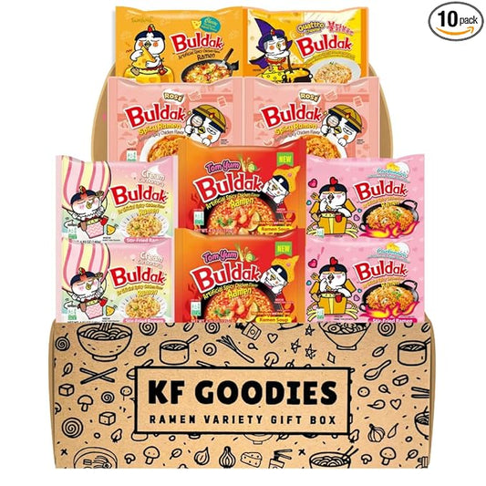KF GOODIES Korean Ramen Variety Pack Gift Box (10 Count) – Spicy Buldak Noodle Assortment for Birthdays, College Care Packages, Office Snacks, and Gift Baskets