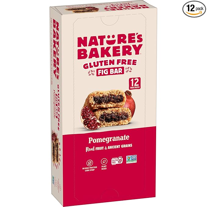 Nature's Bakery Gluten Free Fig Bars, Pomegranate, 1- 12 Count Box of 2 oz Twin Packs (12 Packs), Vegan Snacks, Non-GMO