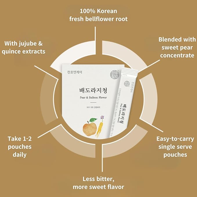 ChunhoNcare Korean Pear and Bellflower Root Juice (10ml × 30sticks), 100% Korean Balloonflower, with Honey, Quince & Jujube, Traditional Korean Drink, Easy-Cut Stick Pouch