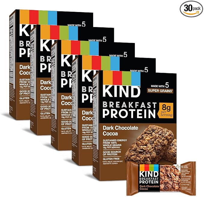 KIND Breakfast Protein Bars, Dark Chocolate Cocoa, Healthy Snacks, Gluten Free, 8g Protein, 30 Count