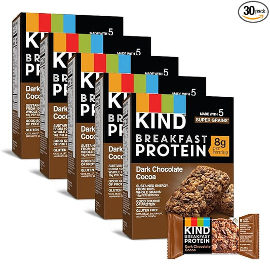 KIND Breakfast Protein Bars, Dark Chocolate Cocoa, Healthy Snacks, Gluten Free, 8g Protein, 30 Count