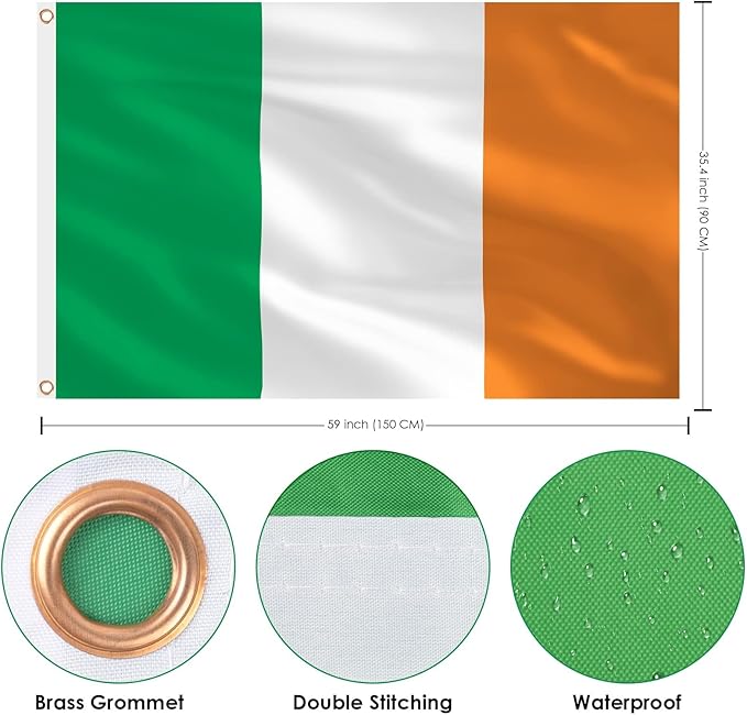 AhfuLife Irish Flag 3x5 Ft 4 PCS, Large Ireland Flag for St Patrick's Day Decorations - Double Side with Brass Eyelets, World Cup Bar Garden Street Decoration Indoor Outdoor