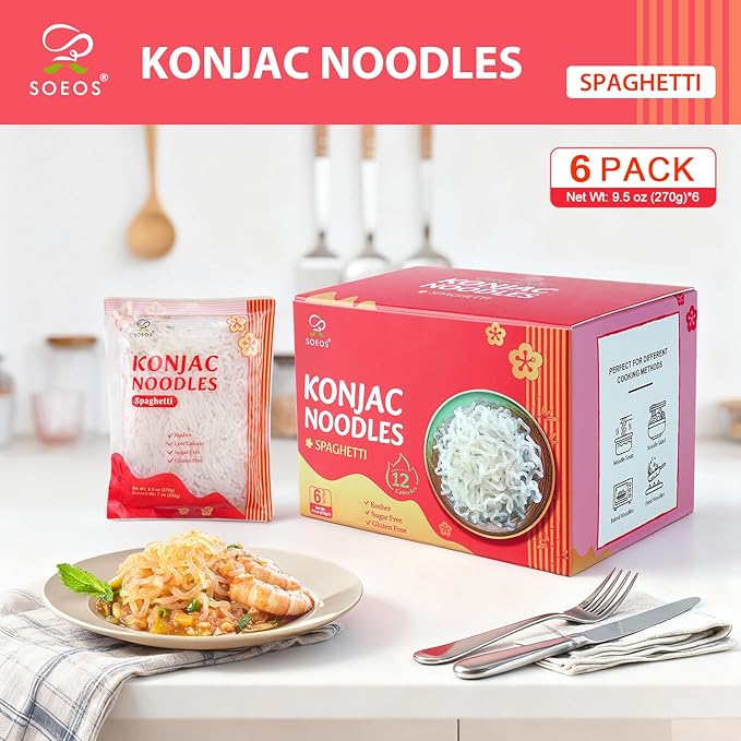 Soeos Konjac Noodles, Spaghetti, 9.5oz (270g), 6 Packs, Kosher, Sugar Free, Gluten Free, Low Calorie, Low Carb Pasta, Shirataki Noodle
