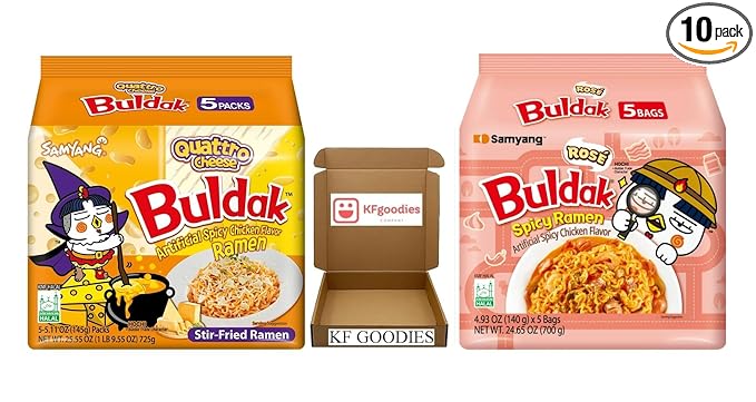 KF GOODIES Korean Ramen Variety Pack Gift Box (10 Count) – Spicy Buldak Noodle Assortment for Birthdays, College Care Packages, Office Snacks, and Gift Baskets