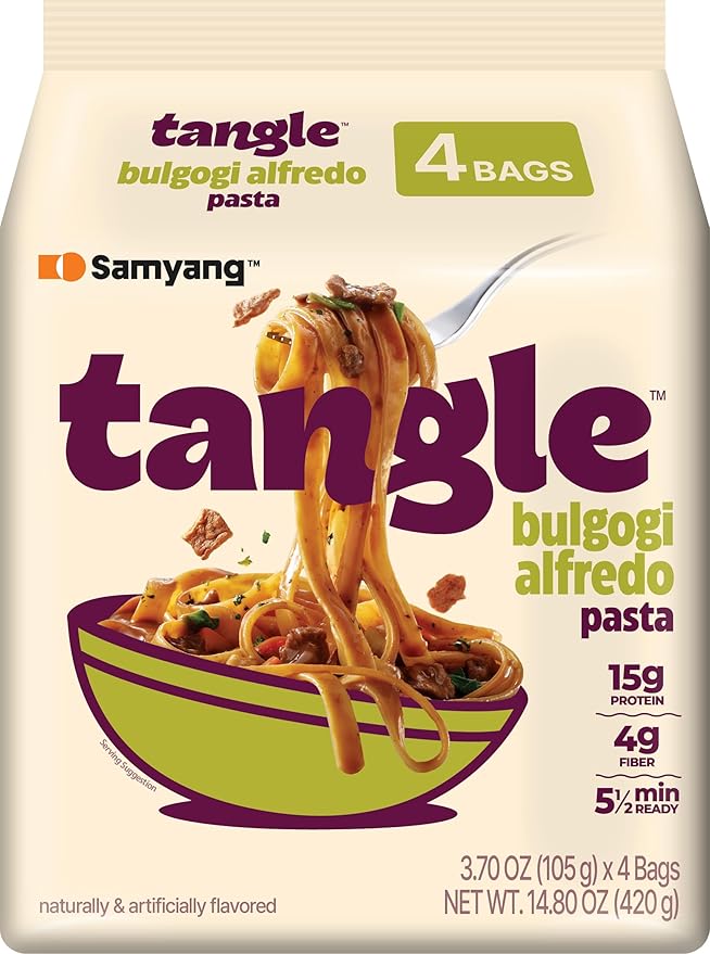 Samyang Tangle Bulgogi Alfredo Pasta | Instant Pasta | Mukbang | 15g of Protein | Fettuccine | 4g of Fiber | Chick Pea based | Easy Prep | Convenient | 4 Pack