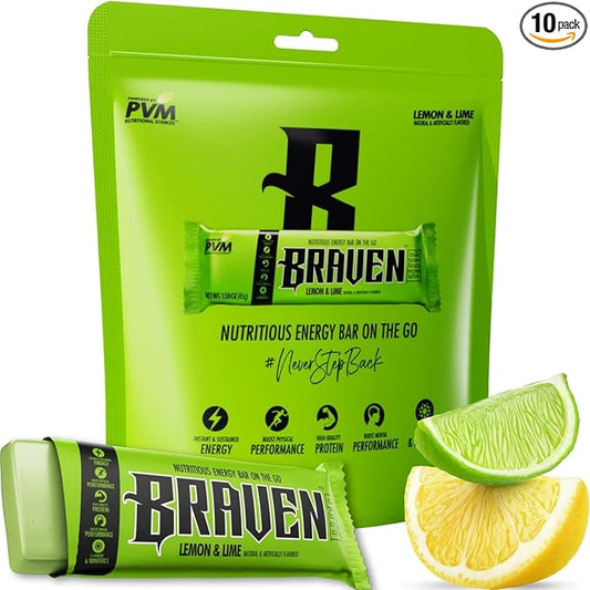 Braven Bar Lemon Lime Energy Bars (1.59 oz, Pack of 10) – Energy Chews with 5g Protein – On-the-Go Energy Snacks for Running, Hiking, and Sports - Gluten Free Snacks for Sustained Energy Boost