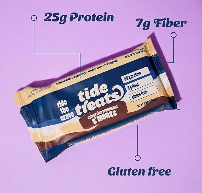 Crispy Rice Protein Treat Bar | 25 g Protein, Low Sugar, Clean Ingredients, 7 g Fiber, Gluten Free | High Protein Snack for On-the-Go, Post-Workout or Dessert Cravings | 8 Count (S'mores)
