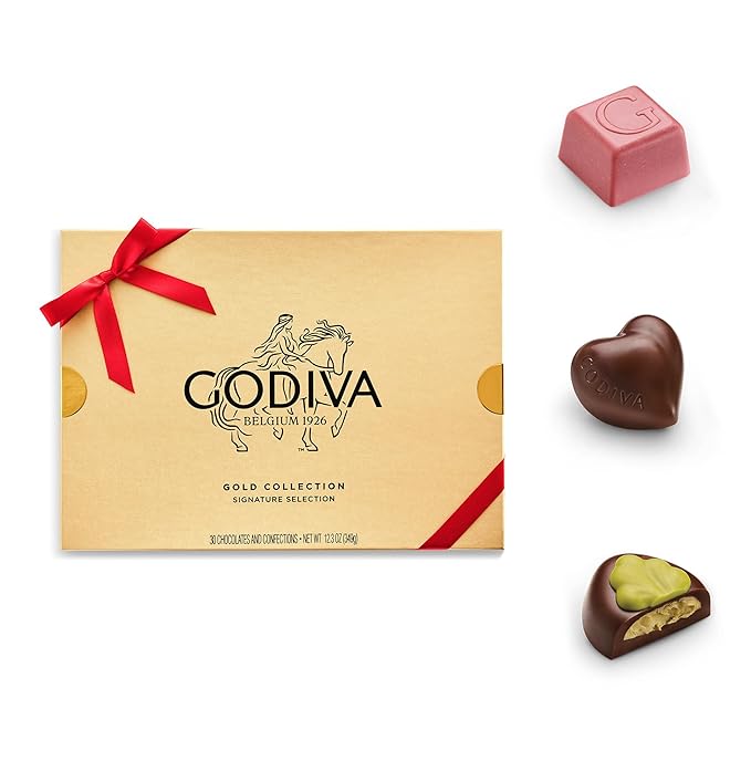 Godiva Red Ribbon Gold Assorted Chocolate Gift Box, Belgian Dark and Milk Chocolates with Pralinés, Ganaches & Caramels, Gourmet Valentine's Day Gift, Kosher, 30 Pc