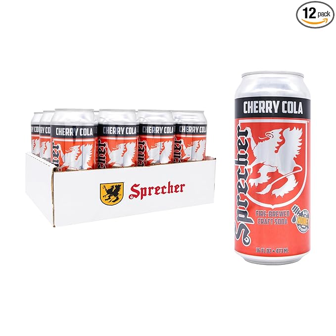 Sprecher Cherry Cola in 16 fl oz Cans (12 Pack), Fire-Brewed Craft Soda with Real Honey & Door County Cherry Juice, Handcrafted Premium Cherry Soda, Caffeine-Free, Gourmet Beverage