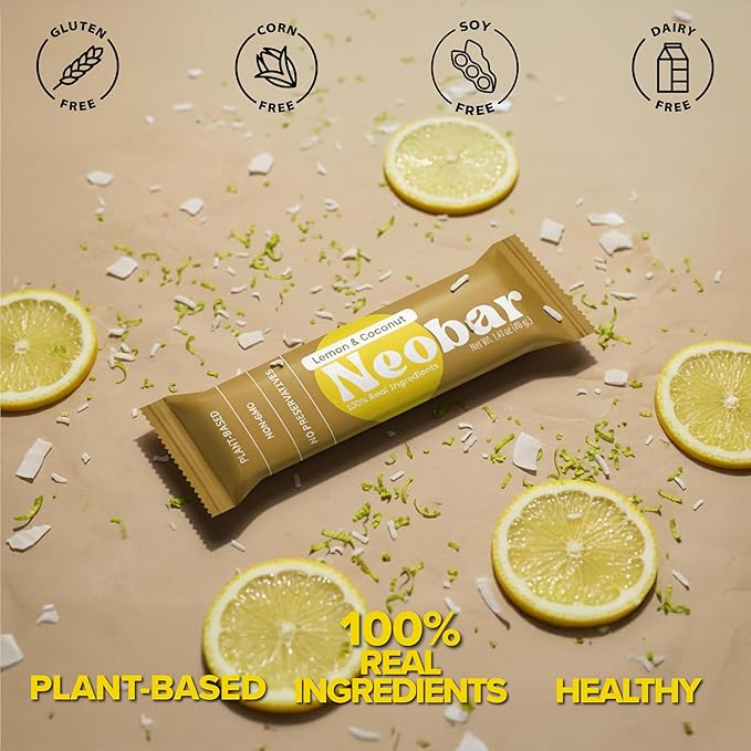 NEOBAR Fruit and Nut Bars - Plant-Based Vegan Snack Bars, Gluten Free Dairy Free Snacks, No Added Sugar, No Preservatives, Non-GMO | Lemon & Coconut,12 Count