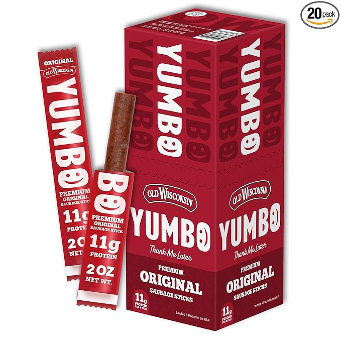 Old Wisconsin Yumbo Summer Sausage Snack Sticks, Ready to Eat, High Protein, Low Carb, Keto, Gluten Free, 20 Individually Wrapped 2oz Sticks, Original Flavor
